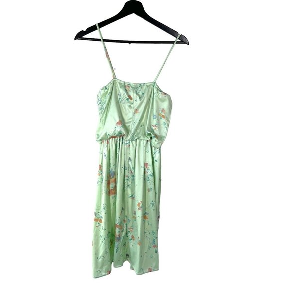 Vintage 80s Green Floral Print Below Knee Spaghetti Strap Dress Medium - Picture 2 of 9